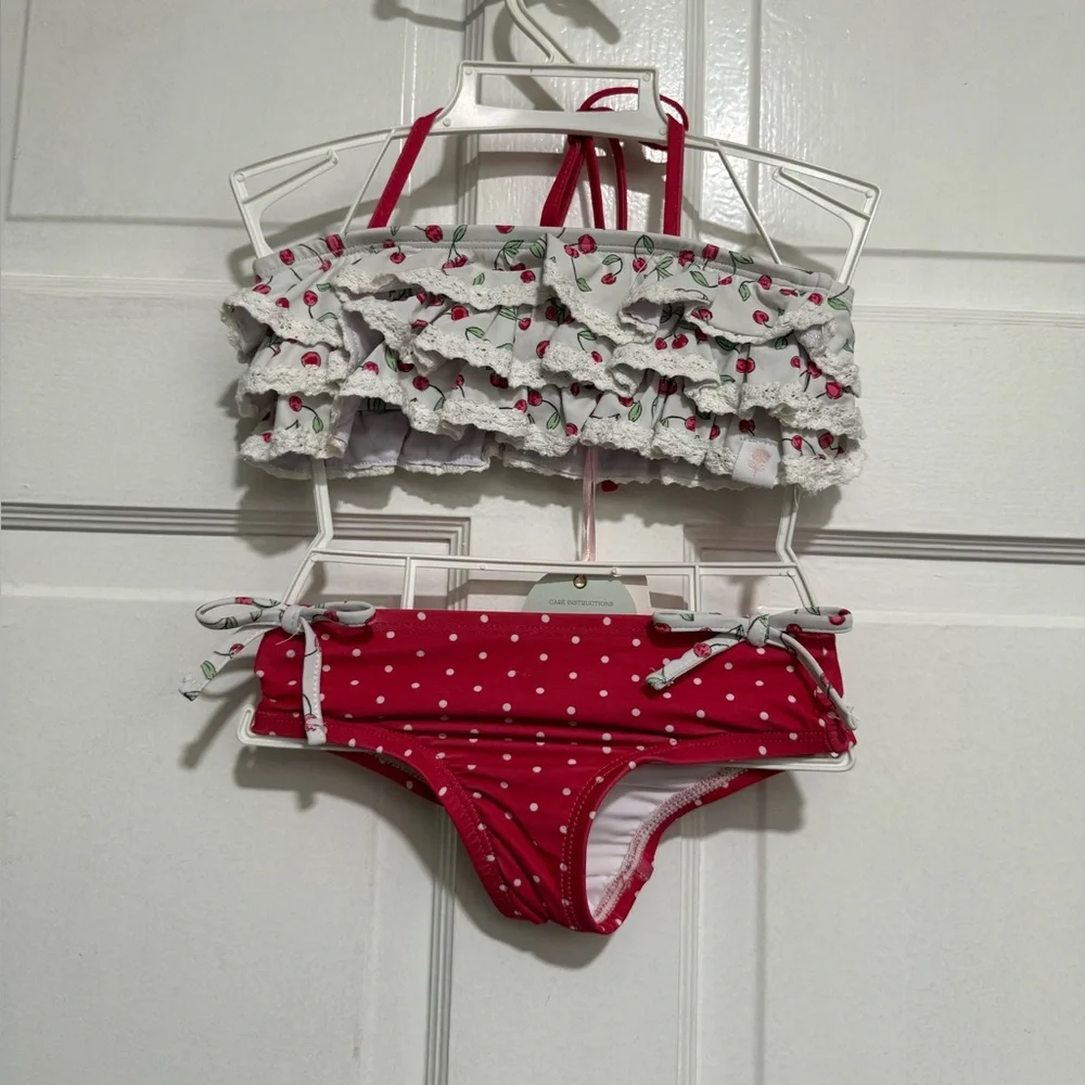 NWT 12 Month Sweet Honey Two Piece Swim Suit Girls Cheery Summer Polka Dot